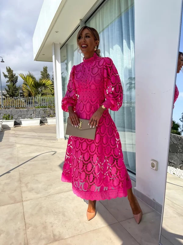 Liza™ | Elegant High-Neck Lace Midi Dress
