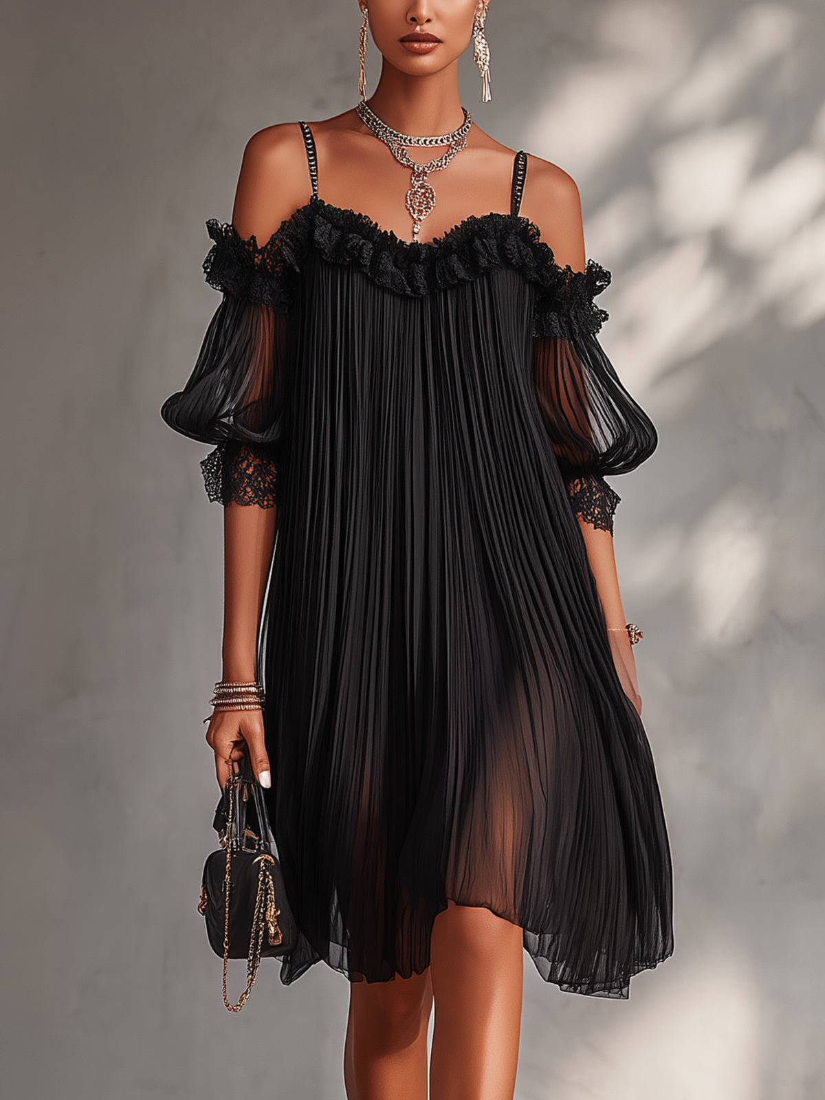 Vittoria | Off-Shoulder Lace Trim Pleated Mini Dress