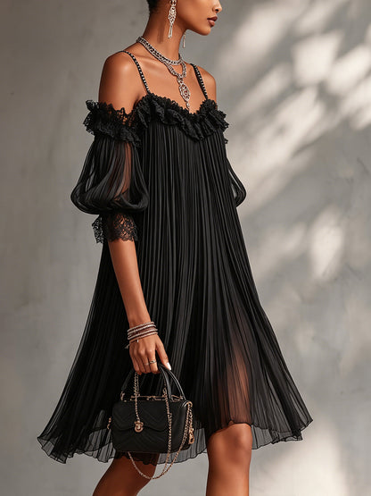 Vittoria | Off-Shoulder Lace Trim Pleated Mini Dress