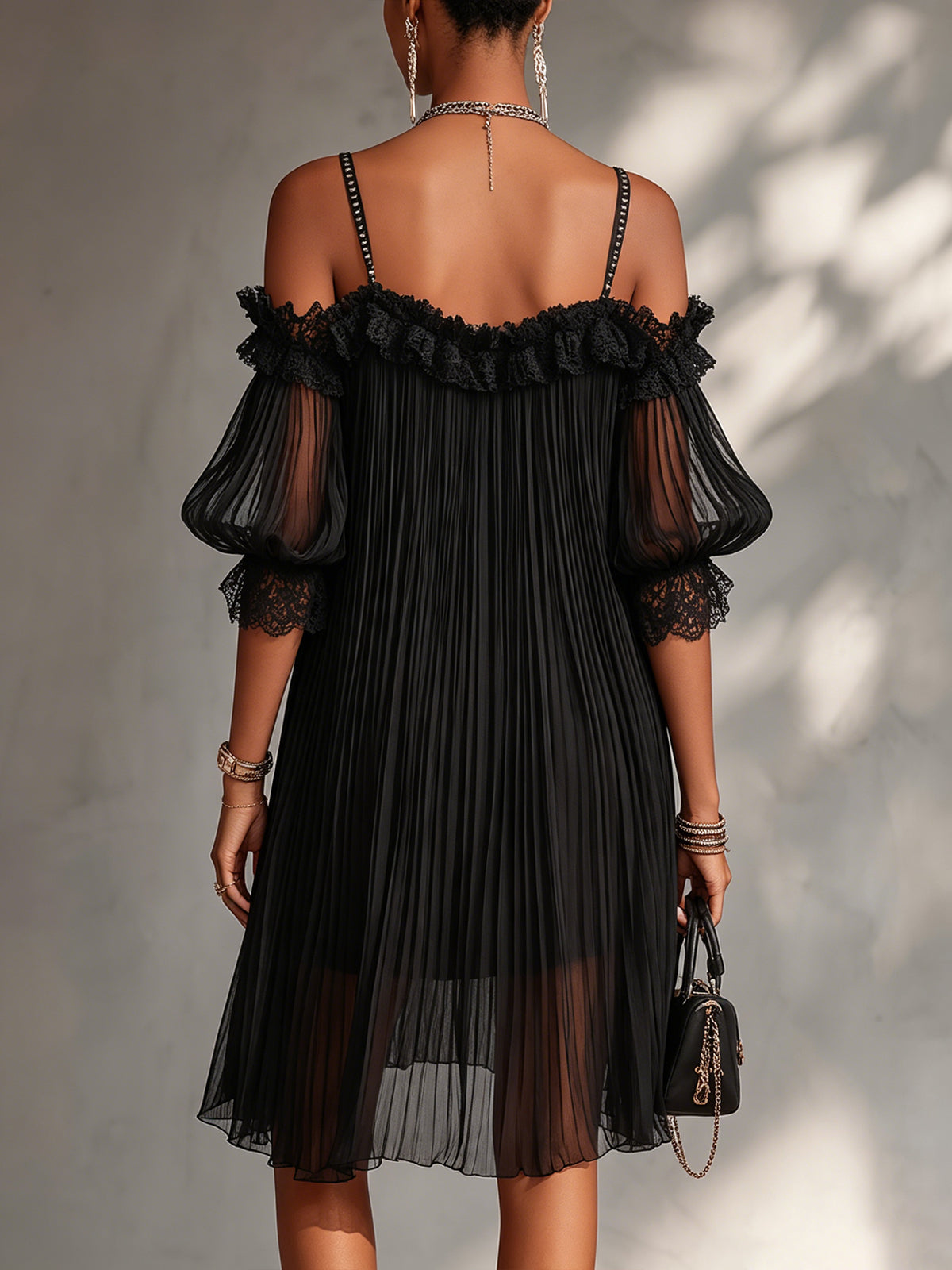 Vittoria | Off-Shoulder Lace Trim Pleated Mini Dress