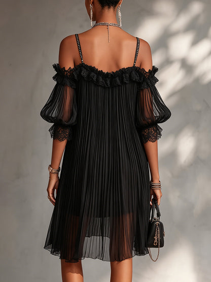 Vittoria | Off-Shoulder Lace Trim Pleated Mini Dress