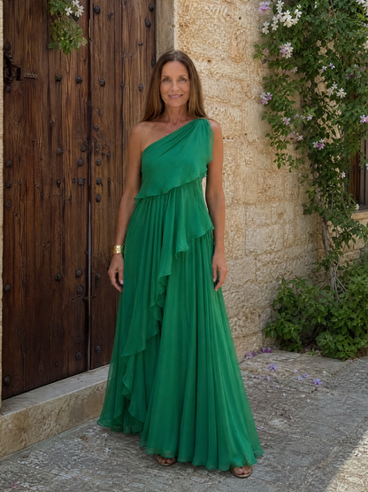 Ela | Elegant One-Shoulder Ruffle Maxi Dress
