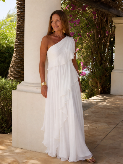 Tracey™ | One-Shoulder Cascading Ruffle Maxi Dress