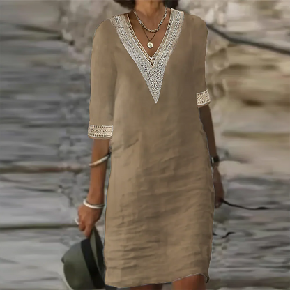 Beatrice | Cotton-Linen Lace Trim Midi Dress