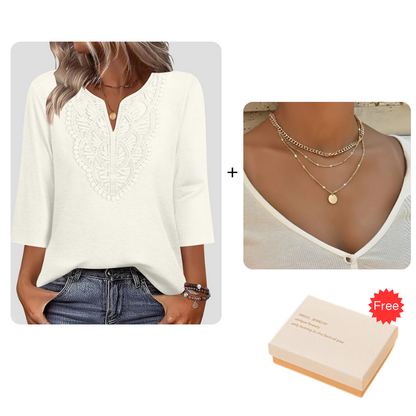 Top Pick - Lace-Trim V-Neck Blouse – Breathable Fabric & Flattering Drape for Work or Weekend