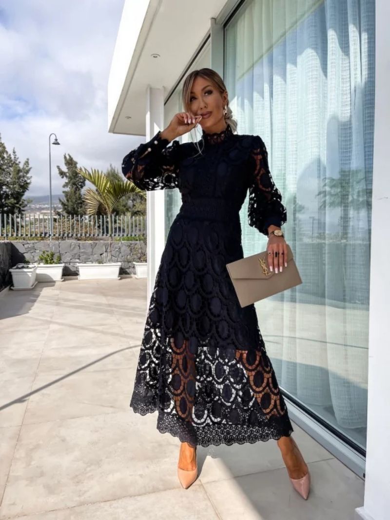 Liza™ | Elegant High-Neck Lace Midi Dress