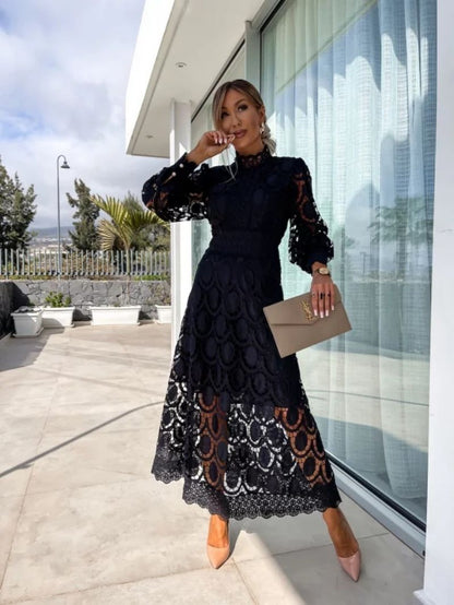 Liza™ | Elegant High-Neck Lace Midi Dress