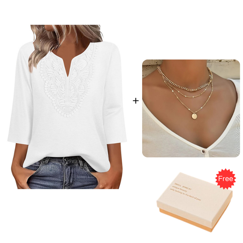 Top Pick - Lace-Trim V-Neck Blouse – Breathable Fabric & Flattering Drape for Work or Weekend