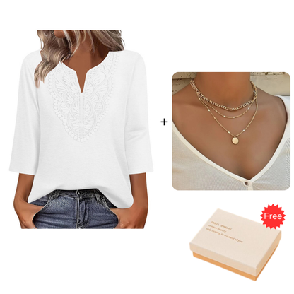 Top Pick - Lace-Trim V-Neck Blouse – Breathable Fabric & Flattering Drape for Work or Weekend