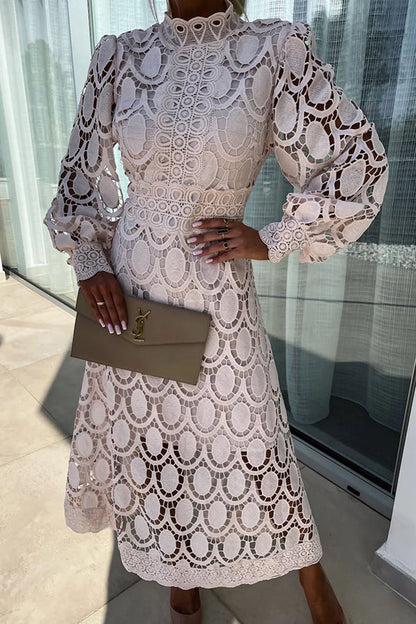 Liza™ | Elegant High-Neck Lace Midi Dress