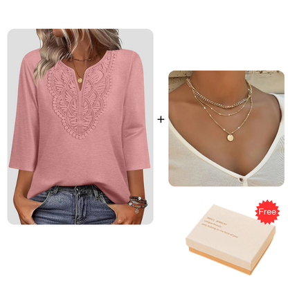 Top Pick - Lace-Trim V-Neck Blouse – Breathable Fabric & Flattering Drape for Work or Weekend