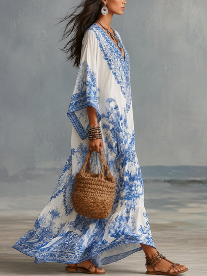 Iris | Blue Porcelain V-Neck Dress
