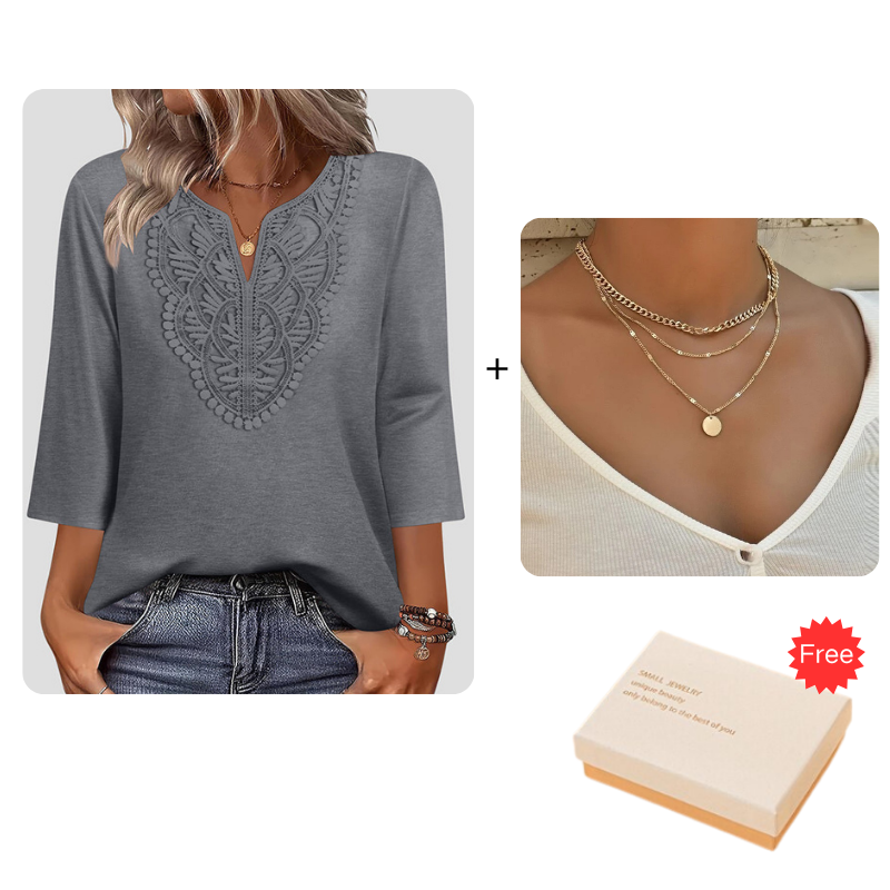 Top Pick - Lace-Trim V-Neck Blouse – Breathable Fabric & Flattering Drape for Work or Weekend