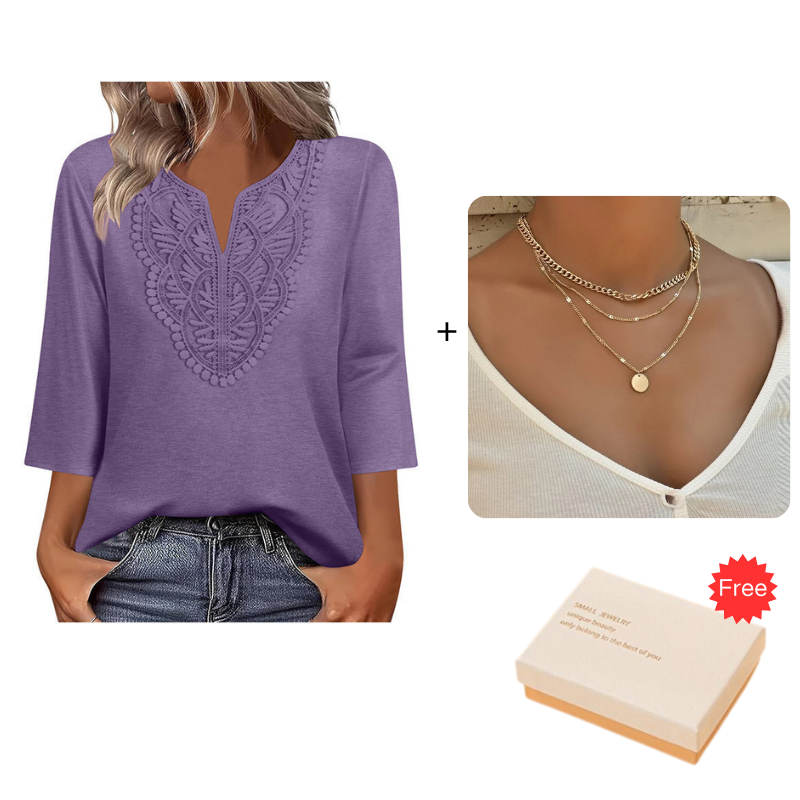 Top Pick - Lace-Trim V-Neck Blouse – Breathable Fabric & Flattering Drape for Work or Weekend