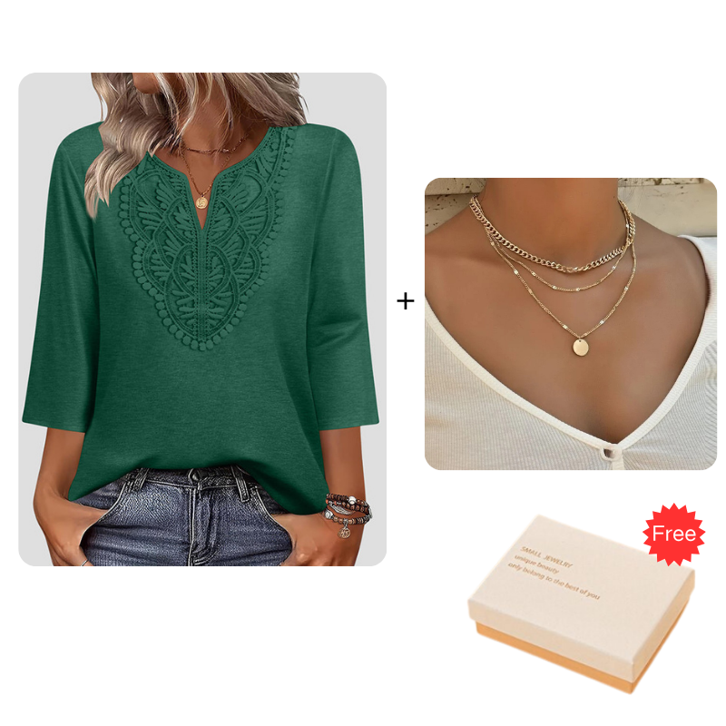 Top Pick - Lace-Trim V-Neck Blouse – Breathable Fabric & Flattering Drape for Work or Weekend