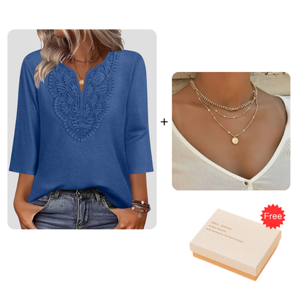 Top Pick - Lace-Trim V-Neck Blouse – Breathable Fabric & Flattering Drape for Work or Weekend