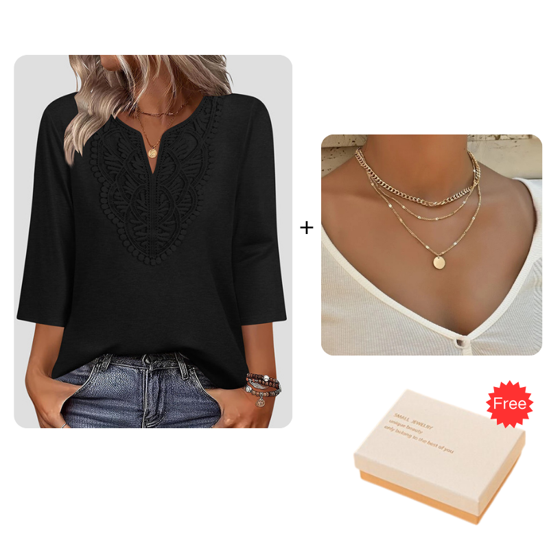 Top Pick - Lace-Trim V-Neck Blouse – Breathable Fabric & Flattering Drape for Work or Weekend