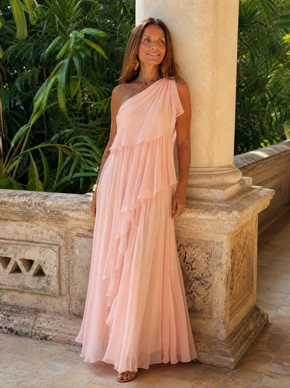Ela | Elegant One-Shoulder Ruffle Maxi Dress