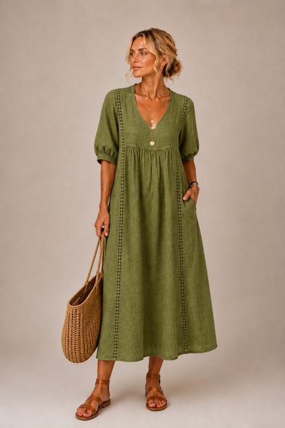 Sefi | Lace Trim V-Neck Midi Dress