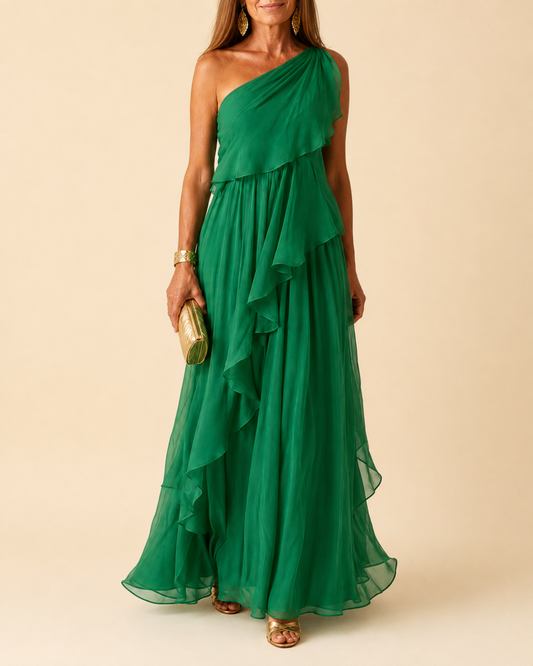 Ela | Elegant One-Shoulder Ruffle Maxi Dress