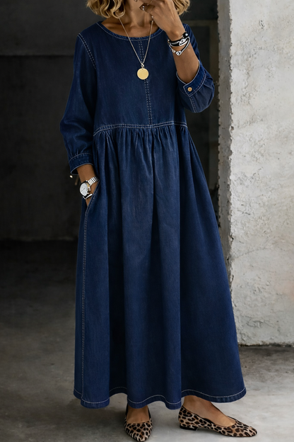 Melissa | Long Sleeve Round Neck Denim Maxi Dress