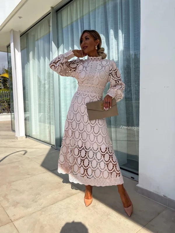 Liza™ | Elegant High-Neck Lace Midi Dress