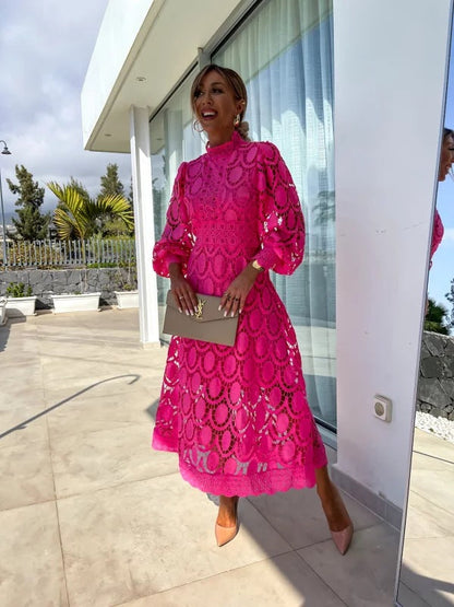 Liza™ | Elegant High-Neck Lace Midi Dress
