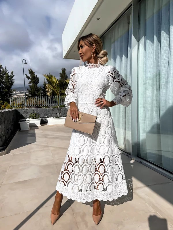 Liza™ | Elegant High-Neck Lace Midi Dress