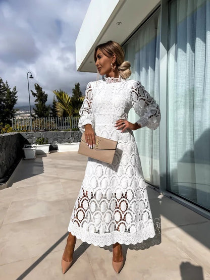 Liza™ | Elegant High-Neck Lace Midi Dress
