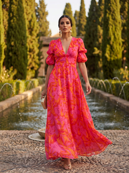 Olvera | Floral Puff Sleeve Maxi Dress