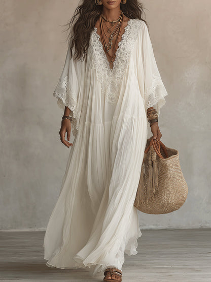 Colette | Long Ivory Chiffon and Lace Dress