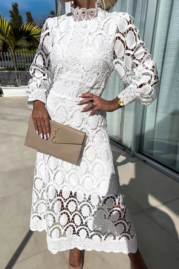 Liza™ | Elegant High-Neck Lace Midi Dress