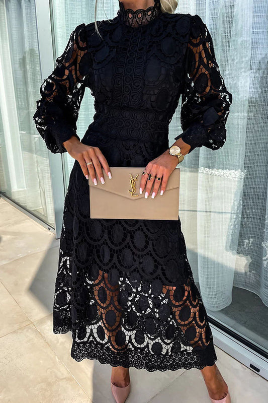 Liza™ | Elegant High-Neck Lace Midi Dress