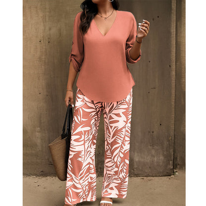 Leire | V-Neck Blouse & Botanical Wide-Leg Trouser Set