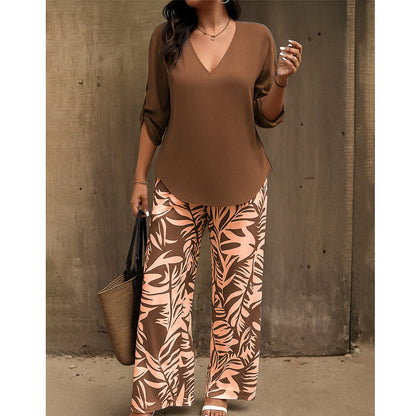 Leire | V-Neck Blouse & Botanical Wide-Leg Trouser Set