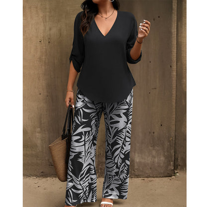 Leire | V-Neck Blouse & Botanical Wide-Leg Trouser Set