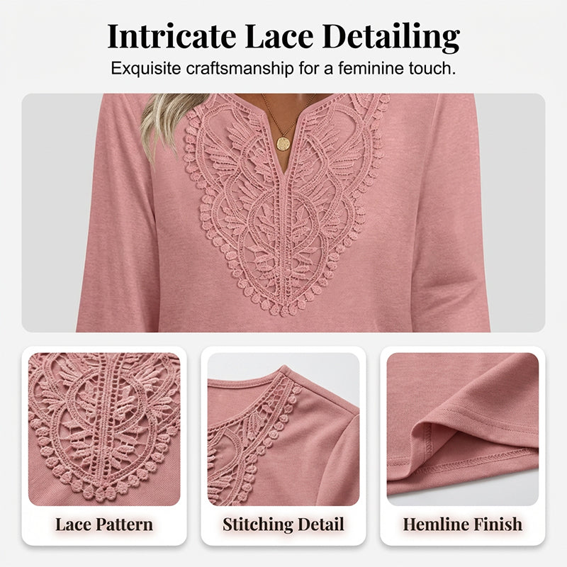 Top Pick - Lace-Trim V-Neck Blouse – Breathable Fabric & Flattering Drape for Work or Weekend