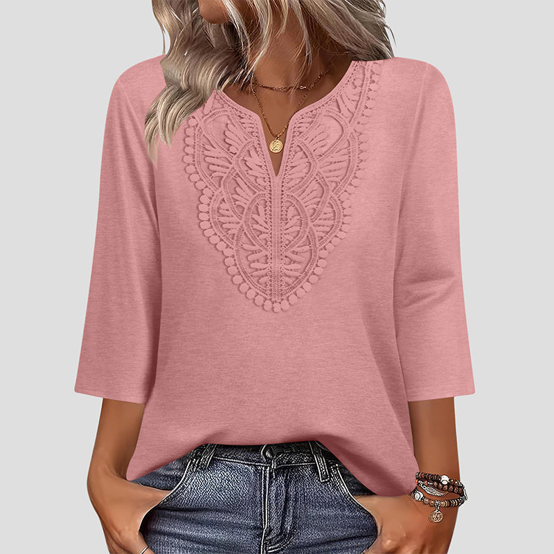 Top Pick - Lace-Trim V-Neck Blouse – Breathable Fabric & Flattering Drape for Work or Weekend
