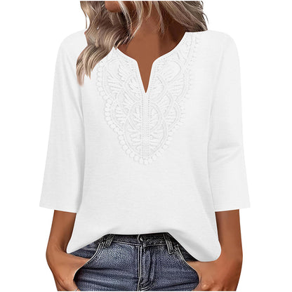Top Pick - Lace-Trim V-Neck Blouse – Breathable Fabric & Flattering Drape for Work or Weekend
