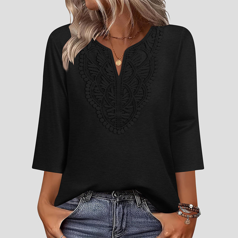 Top Pick - Lace-Trim V-Neck Blouse – Breathable Fabric & Flattering Drape for Work or Weekend