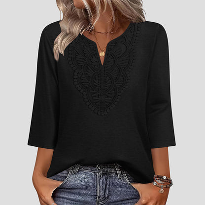Top Pick - Lace-Trim V-Neck Blouse – Breathable Fabric & Flattering Drape for Work or Weekend