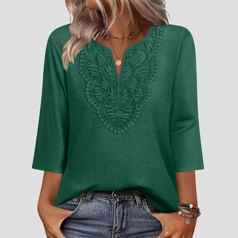 Top Pick - Lace-Trim V-Neck Blouse – Breathable Fabric & Flattering Drape for Work or Weekend