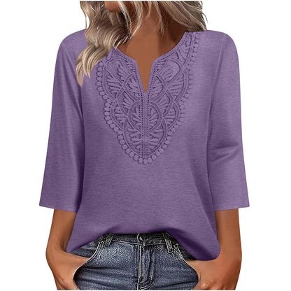 Top Pick - Lace-Trim V-Neck Blouse – Breathable Fabric & Flattering Drape for Work or Weekend
