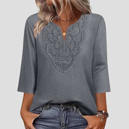 Top Pick - Lace-Trim V-Neck Blouse – Breathable Fabric & Flattering Drape for Work or Weekend